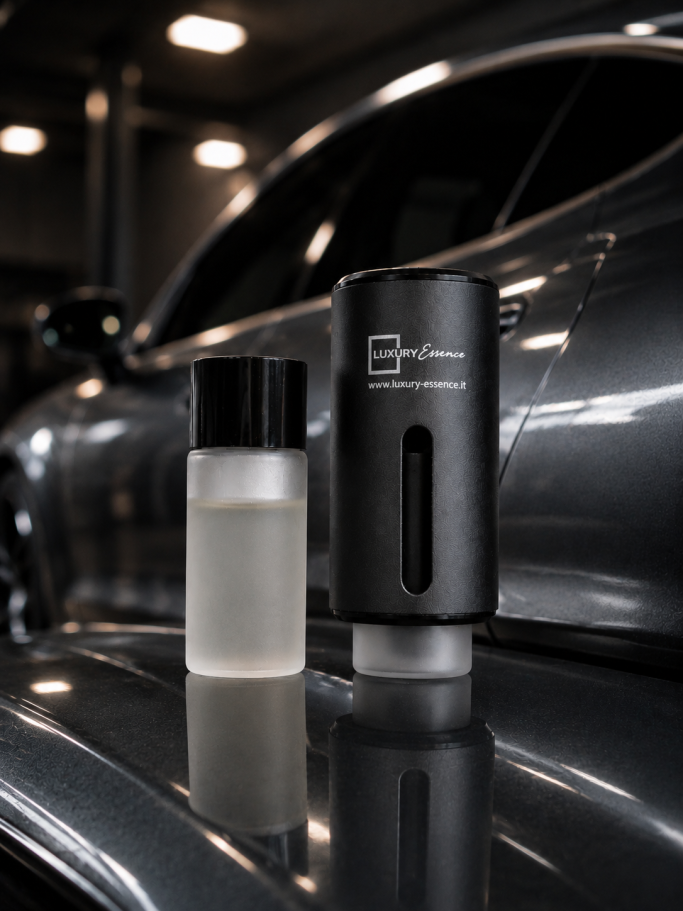 RICARICA IN VETRO PER MANTENERE LA FRAGRANZA Two sleek containers of automotive products on a car surface, one transparent, one black.