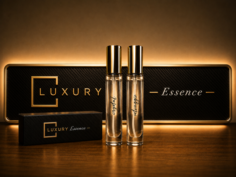 Profumo Spray Luxury Essence 20 ml – Eau de Parfum Due fiale di profumo con etichetta "Luxury Essence" su sfondo elegante e luminoso.