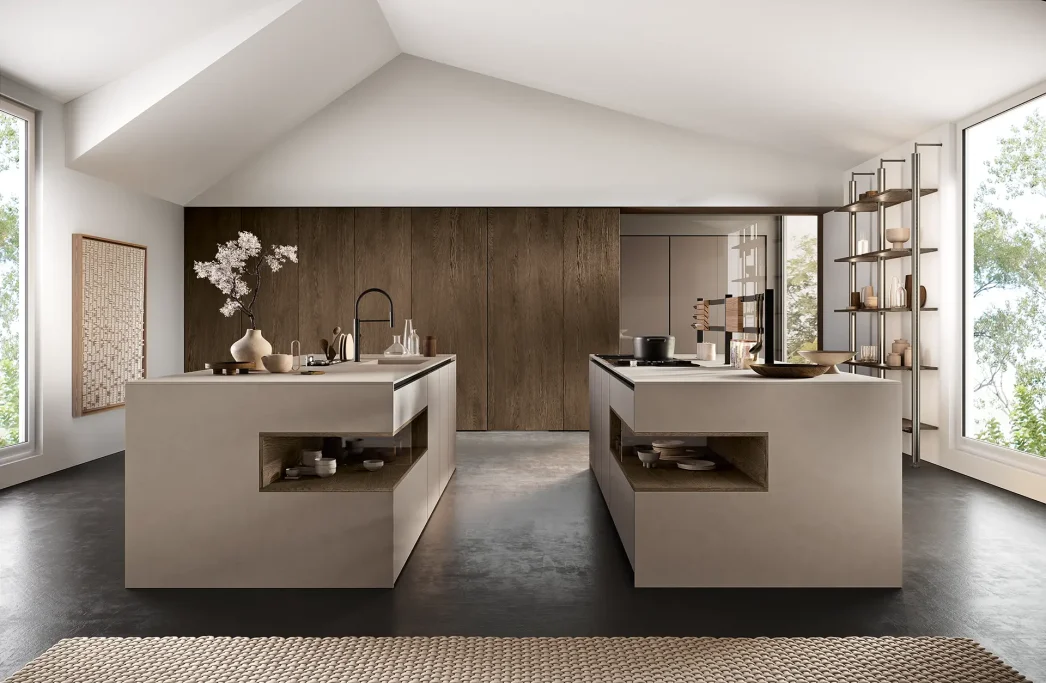 Modern kitchen with sleek cabinets, open shelving, and large windows letting in natural light.