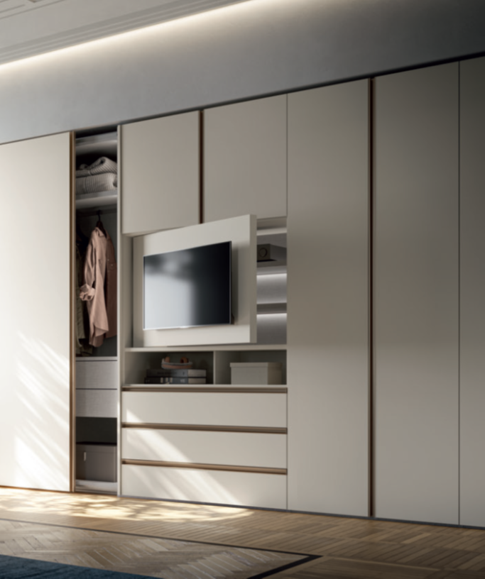 ARMADIO CON PORTA TV Modern wall unit with a closet, TV, and drawers in neutral colors and sleek design.