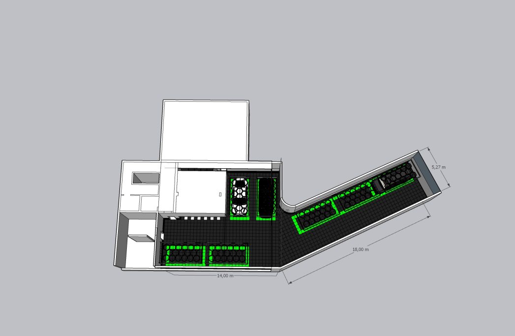 Piano di una cucina moderna con aree di lavoro evidenziate in verde su sfondo grigio.