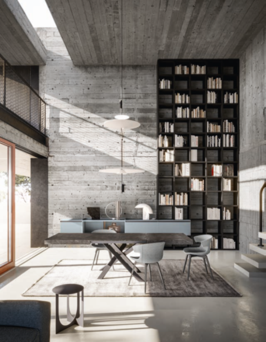 Composizione HNL031 Moderno soggiorno con pareti in cemento, libreria nera e arredo minimalista.