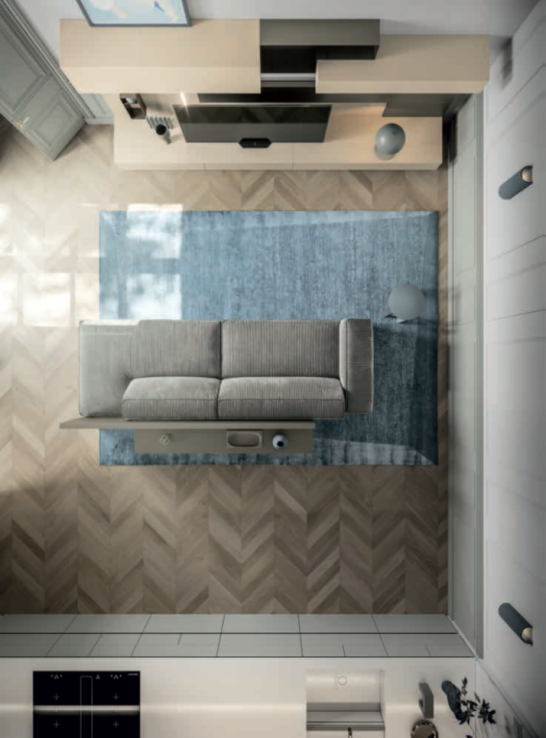 COMPOSIZIONE HNG015 Modern living room with a gray sofa, blue rug, wooden floor, and TV unit.