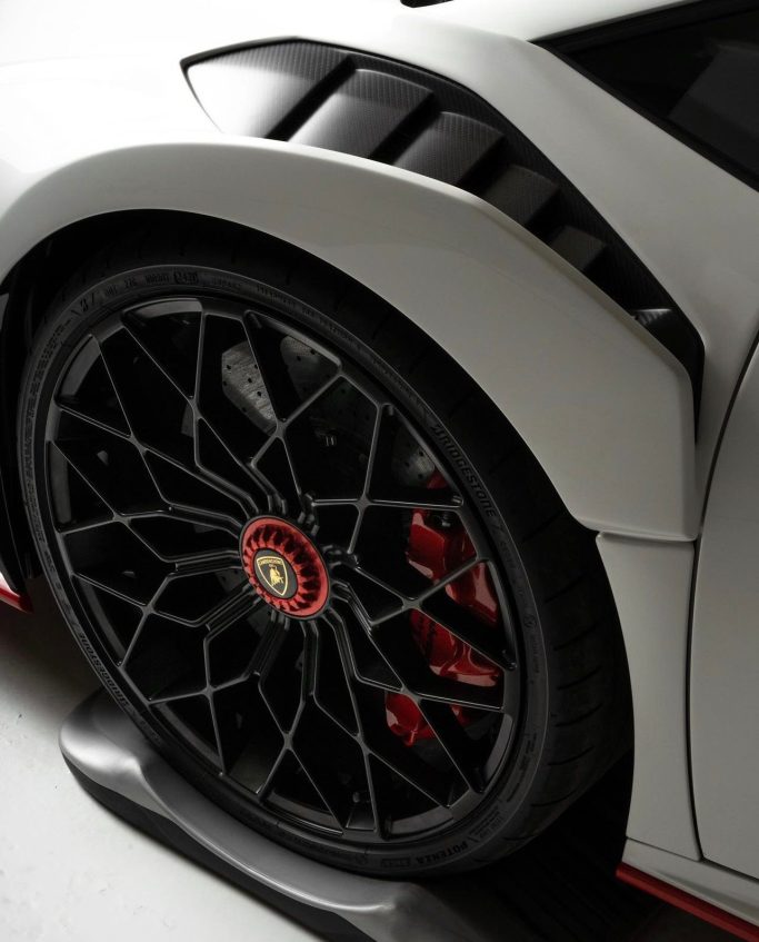 Protezione Pneumatici per Lunga Sosta Close-up of a car's wheel with intricate black spokes and a sleek body design.