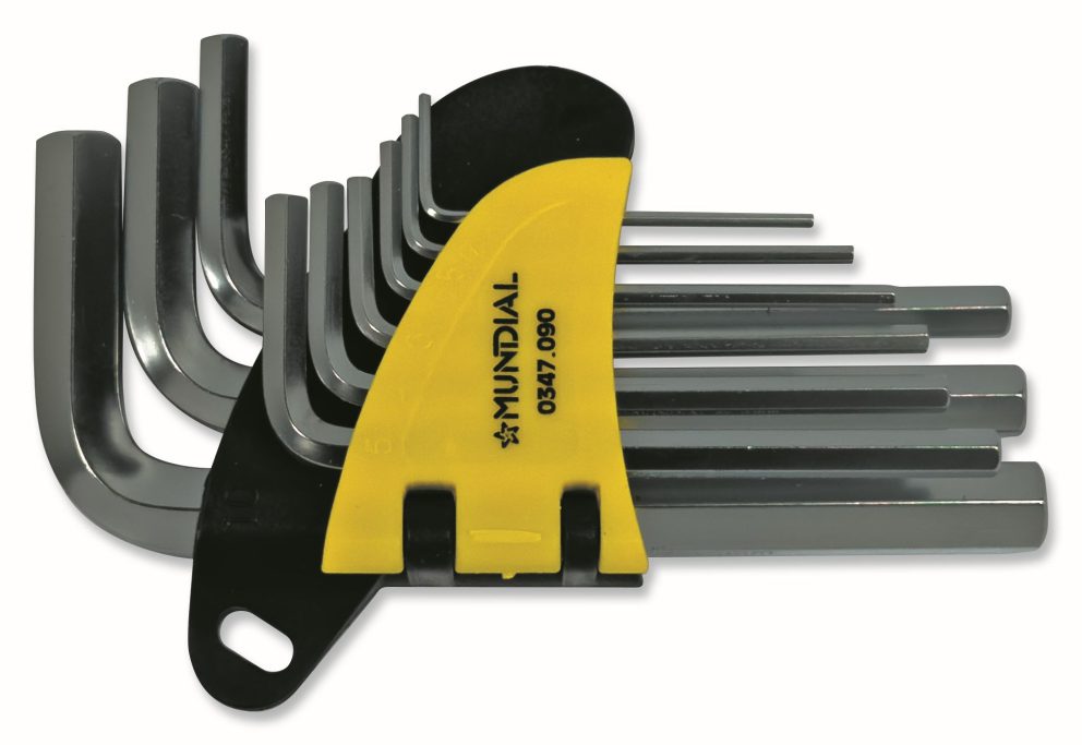SERIE 9 CHIAVI MASCHIO ESAGONALE Set of L-shaped hex keys with a yellow holder.