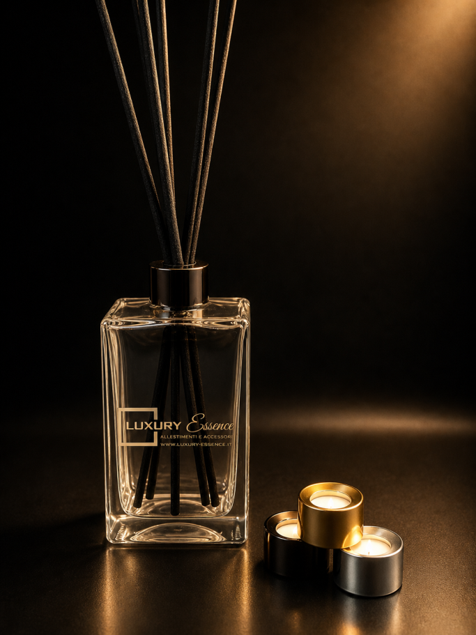 Diffuser with reeds next to three candles, against a dark background.
