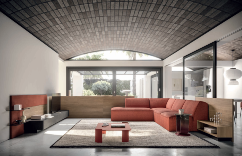 COMPOSIZIONE HNG001 Modern living room featuring a red sectional sofa, coffee table, and large windows.