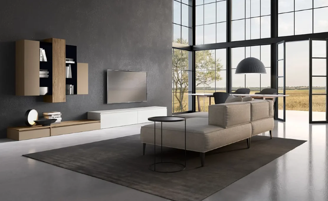 Modern living room with a light sofa, stylish storage, large windows, and a neutral palette.