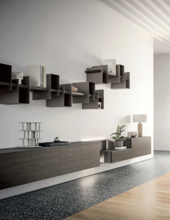 LAMINA _ GDT3050 Modern living room with sleek cabinets, decorative shelves, and a potted plant.