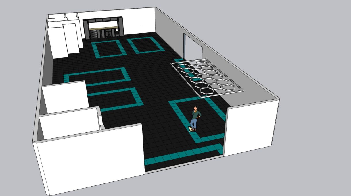 Progetto di un'intera sala con pareti bianche e pavimento nero con contorni blu.