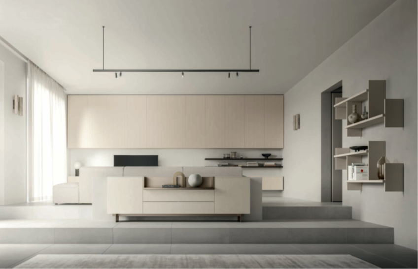 COMPOSIZIONE HNG030 Cucina moderna minimalista con isola centrale e tonalità neutre.