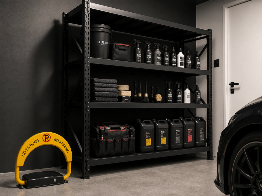 Metallo scaffale nero con attrezzature e contenitori in un garage elegante.