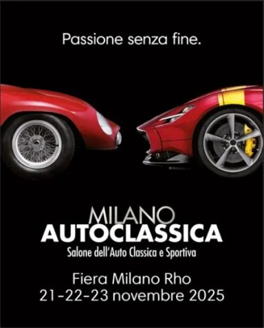 Due auto sportive rosse e nere con testo sull'evento Milano Autoclassica.