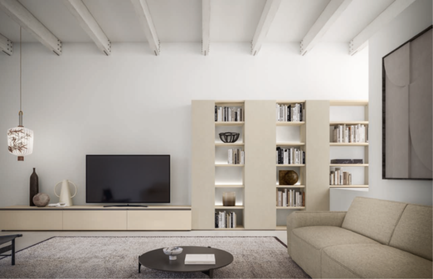 LIVING Moderno soggiorno con pareti bianche, divano chiaro, TV e libreria minimalista.