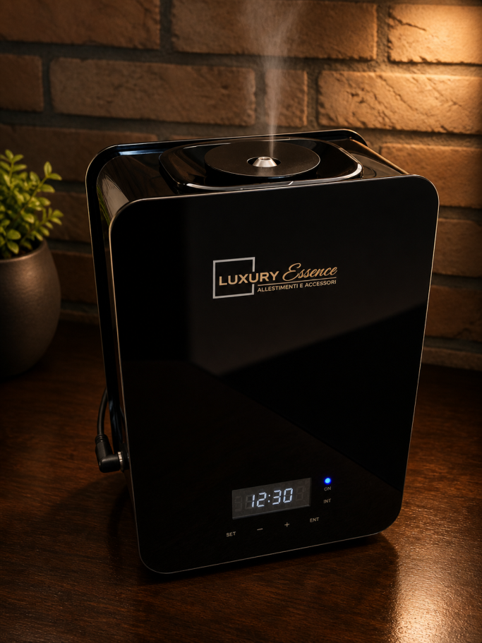 Um umidificatore elegante e nero con vapore che fuoriesce, posizionato su un tavolo.
