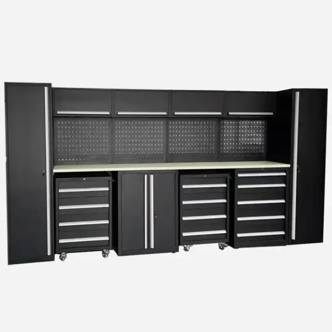 Black garage workbench with storage cabinets and drawers.