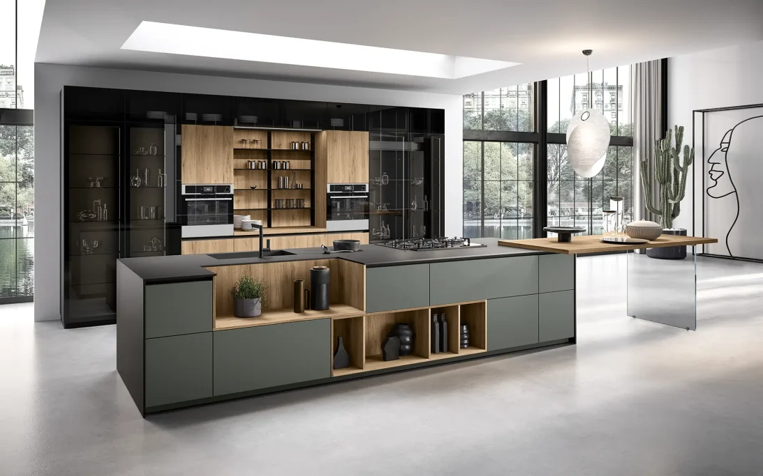 Cucina moderna con armadietti grigi e dettagli in legno, stile elegante e luminoso.