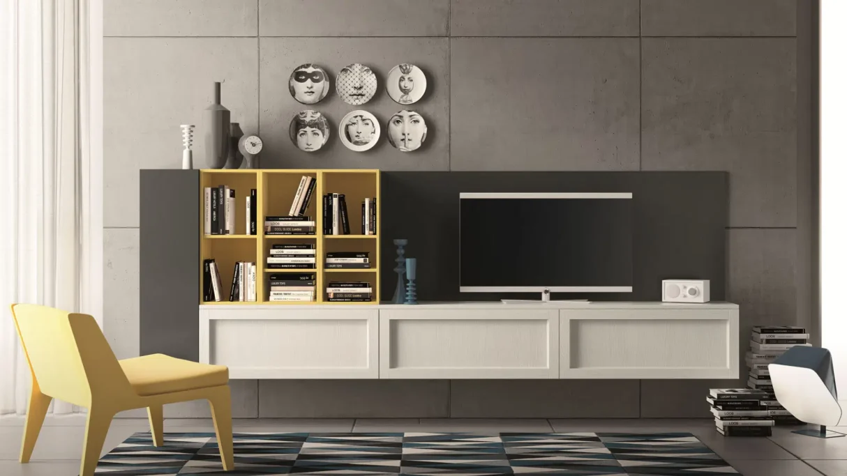 Modern living room with a sleek white cabinet, yellow chair, and decorative wall plates.