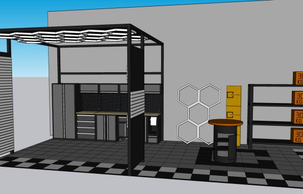Design di una cucina moderna con mobiletti e un'isola centrale.