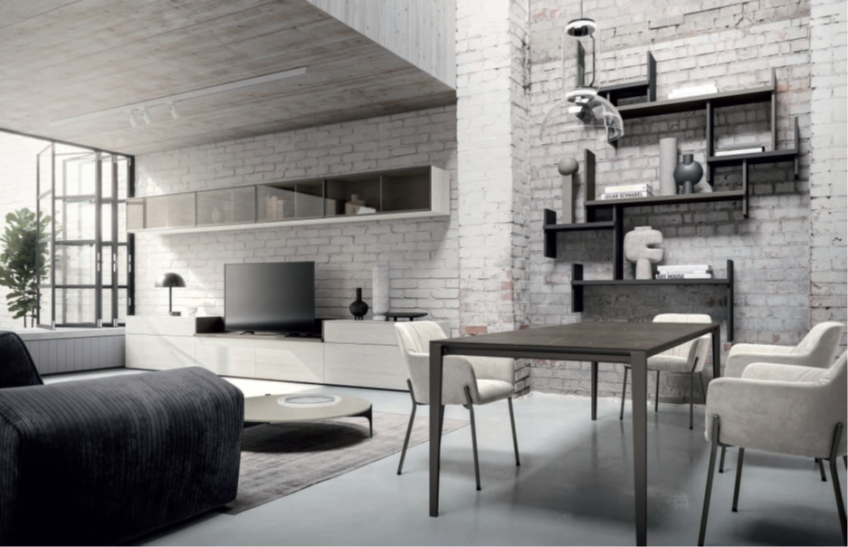 COMPOSIZIONE ZONA GIORNO HNG026 Modern living room with a dining area, featuring a neutral palette and minimalist furniture.