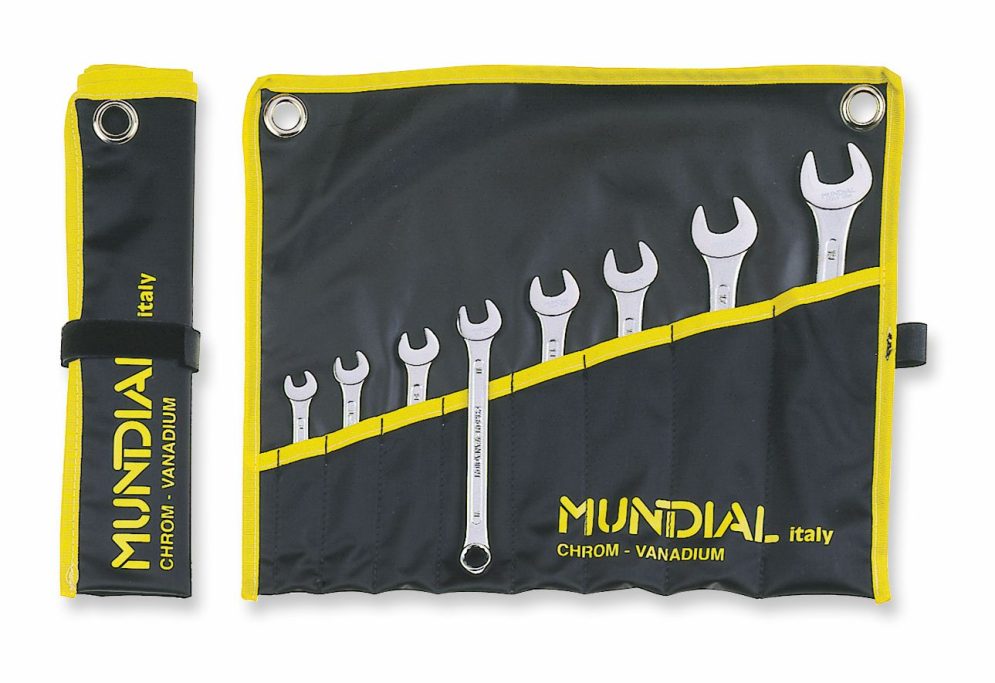 SERIE CHIAVI A FORCHETTA Set di chiavi inglesi di diverse dimensioni in un astuccio nero e giallo.