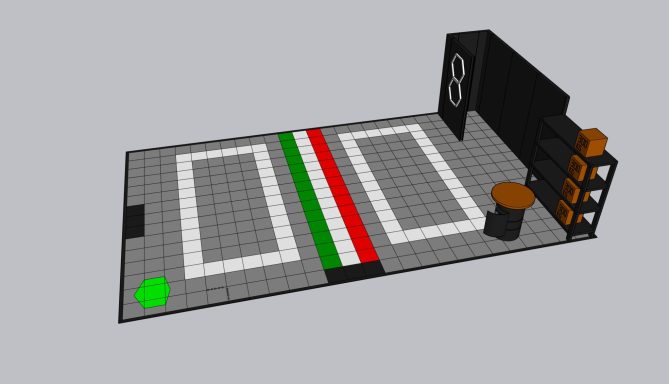 Pavimento con strisce verde, bianco e rosso, elementi grigi e struttura nera.