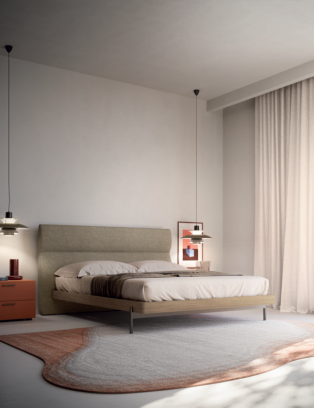 CAMERA PISTACCHIO Camera da letto moderna con letto matrimoniale, illuminazione soffusa e tendaggi chiari.
