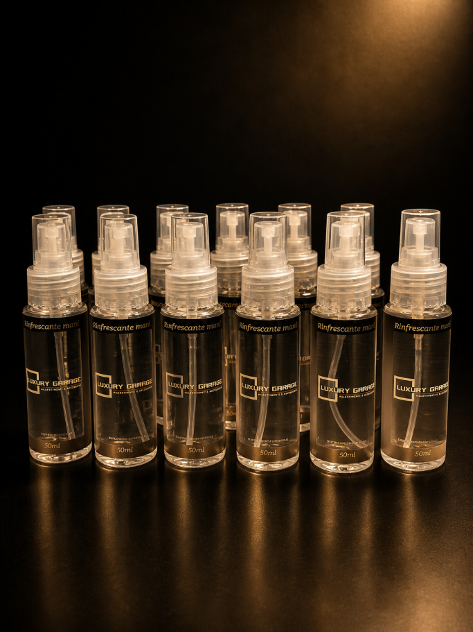 Set of transparent spray bottles arranged in a row against a dark background.