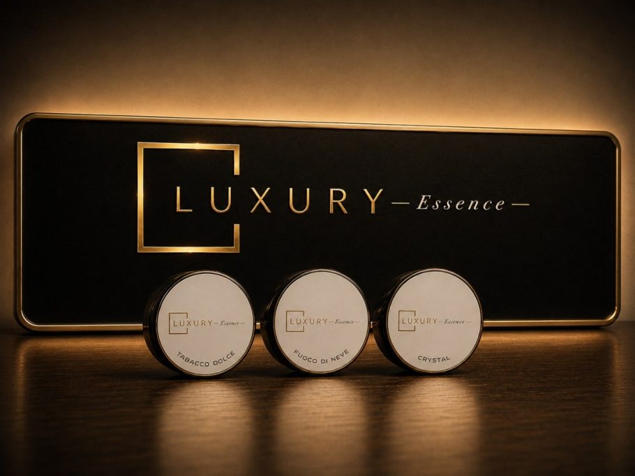 Profumo persona in GEL 0% ALCOL Tre confezioni bianche di prodotto con etichetta "Luxury" su sfondo scuro.