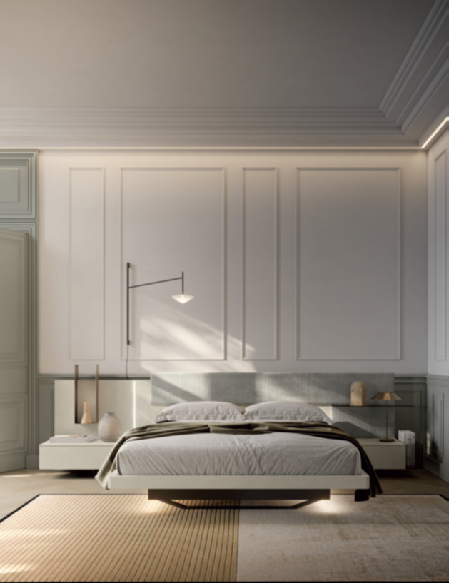 COMPOSIZIONE CAMERA DA NOTTE Modern bedroom featuring a bed with soft bedding, minimalist decor, and warm lighting.