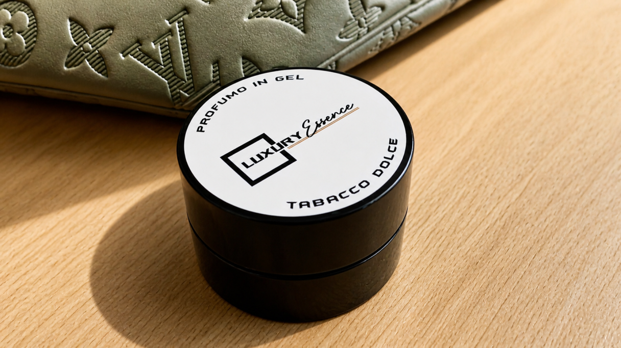 Black jar labeled "My Essence" on a wooden surface beside textured fabric.