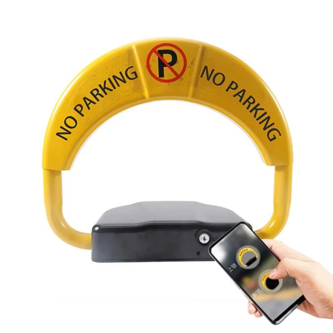 Dispositivo anti-parcheggio giallo con telecomando. Scritta "NO PARKING".