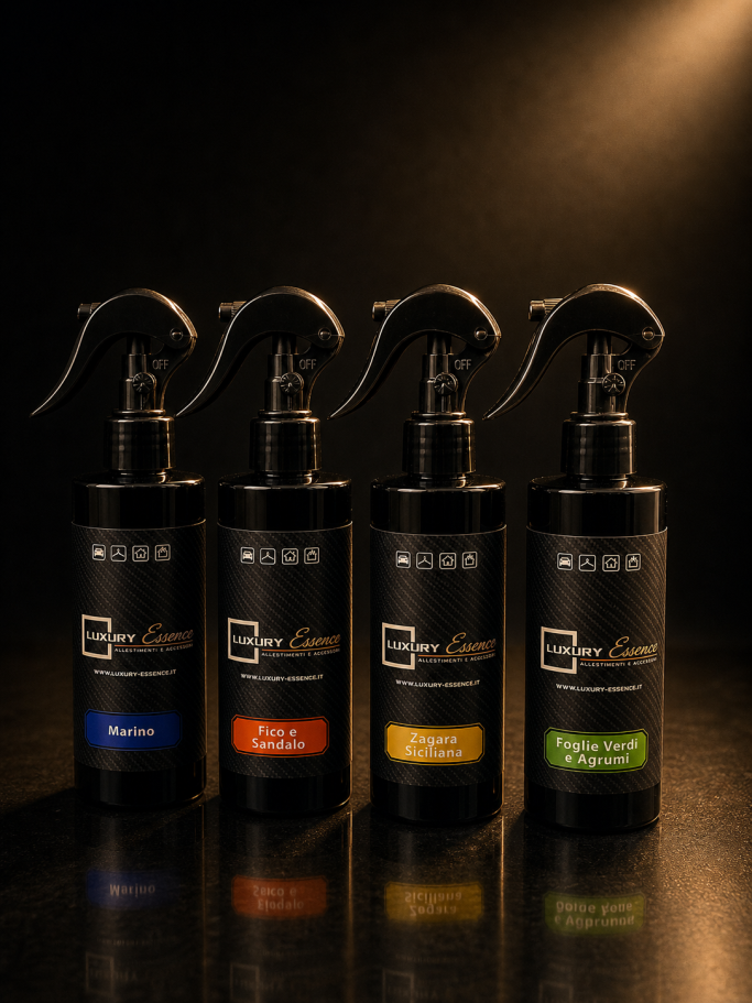 Quattro flaconi di spray per capelli, ciascuno con un'etichetta colorata diversa.