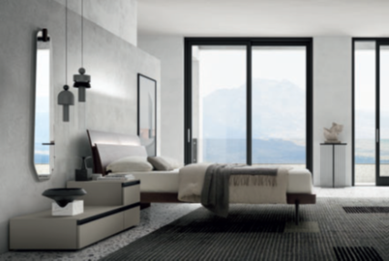 CAMERA DA NOTTE Modern bedroom with large windows, minimalistic furniture, and mountain view.