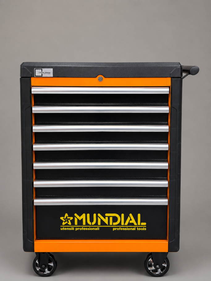 CARRELLO ANTIRIBALTAMENTO CON ATTREZZI Carrello porta attrezzi con cassetti, color arancione e logo Mundial.