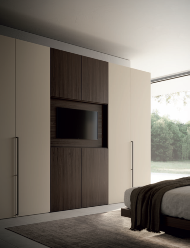 ARMADIO PORTA TV Armadio moderno in legno scuro e chiaro, con vano TV e letto in stile minimalista.