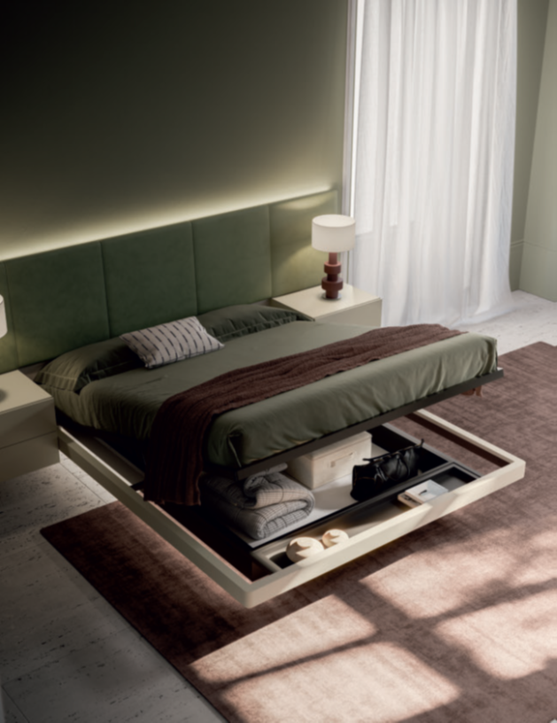LETTO CON CASSETTONI Modern bedroom with a green bed, storage drawers, and soft lighting.