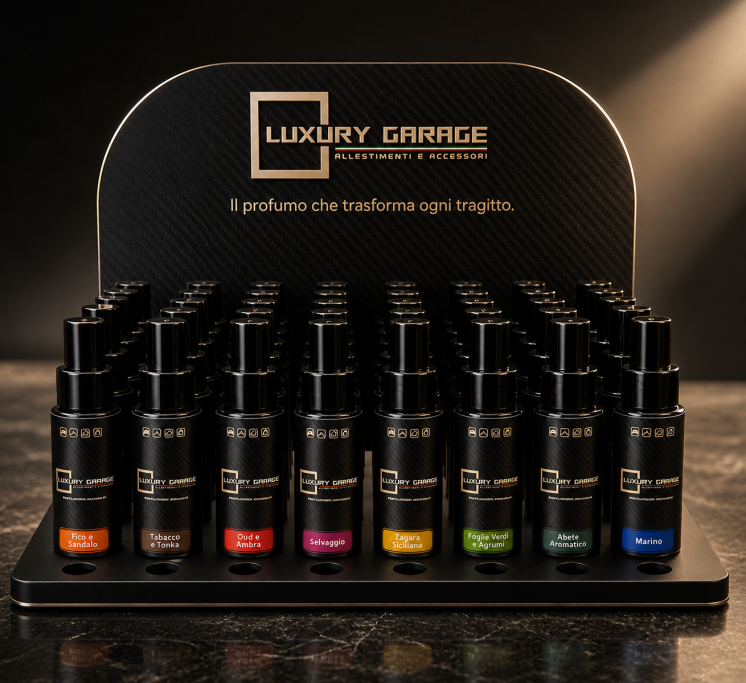 Display of various luxury fragrance bottles on a black stand with a sleek design.