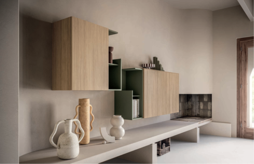 COMPOSIZIONE HNG051 Modern interior showcasing wooden wall cabinets and decorative ceramic vases.